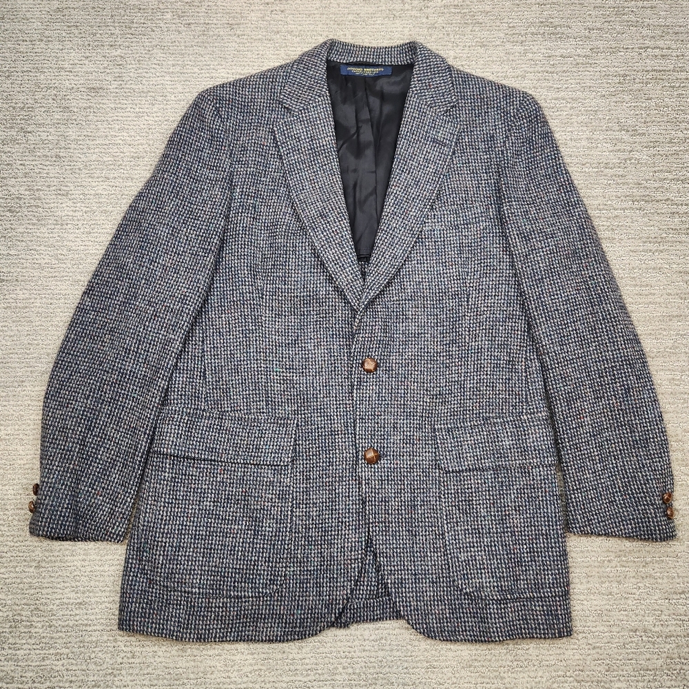 Vintage Brooks Brothers 41L Wool Tweed Blazer Navy Gray Wood Buttons Sport Coat